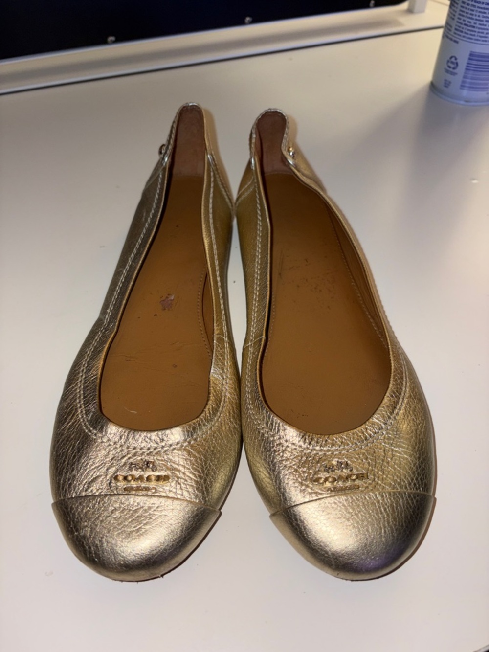 Coach Metallic Gold Leather Ballet Flats with Logo Cap Toe